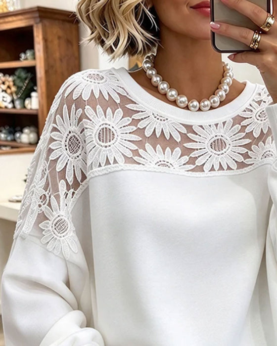 Sweatshirt Rund Halsringning Solros Spets Patchwork