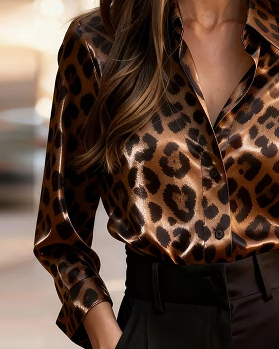 Blus Krage Leopard Tryck Långärmad Drapad