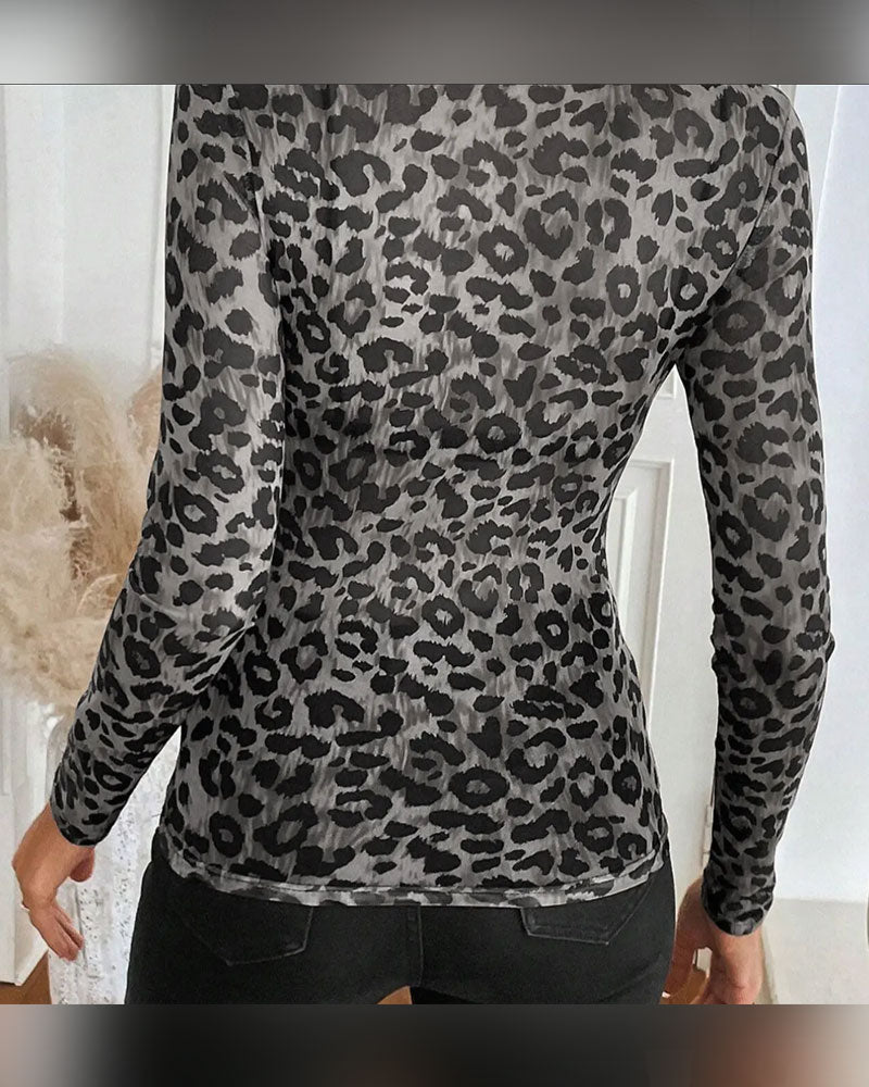 Topp Leopardmönster Rund Hals Lång Ärm