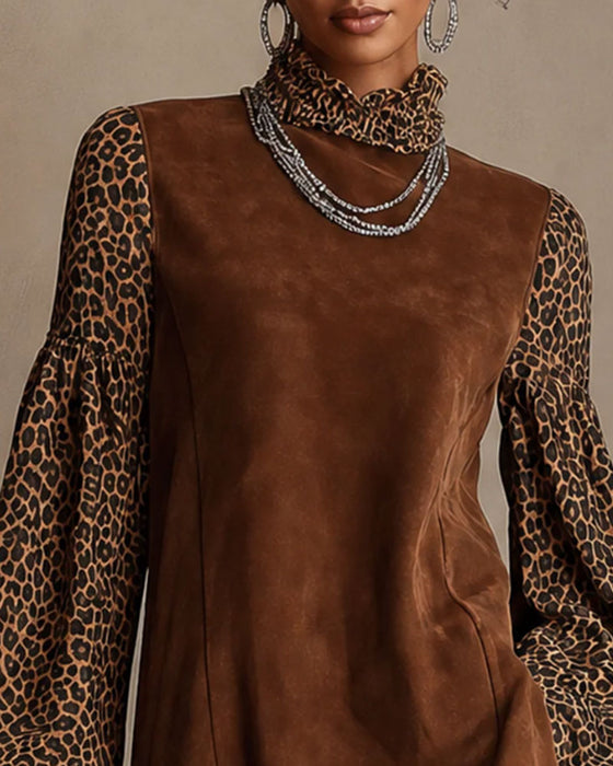 Klänning Leopard Tryck Lantern Ärm Rynkad Rak Mini