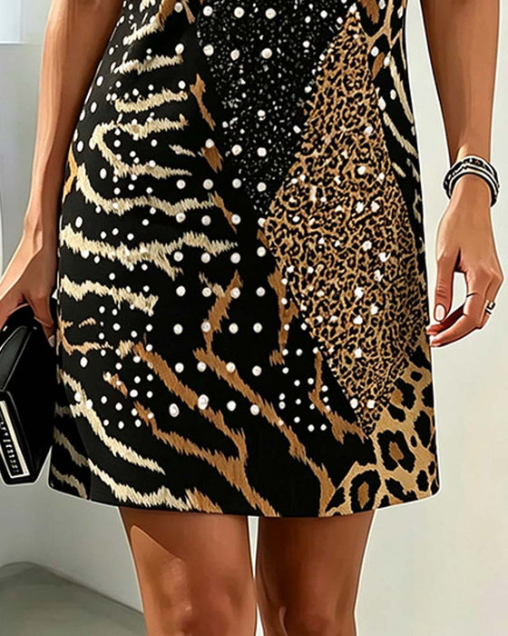 Klänning Leopardmönster Rundhalsad Kortärmad Patchwork