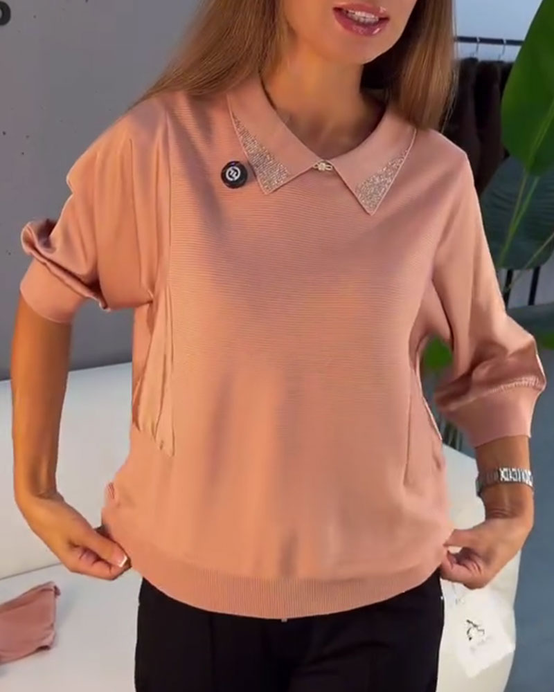 Pullover Slag Armbågslång Ärm Stickad Elegant