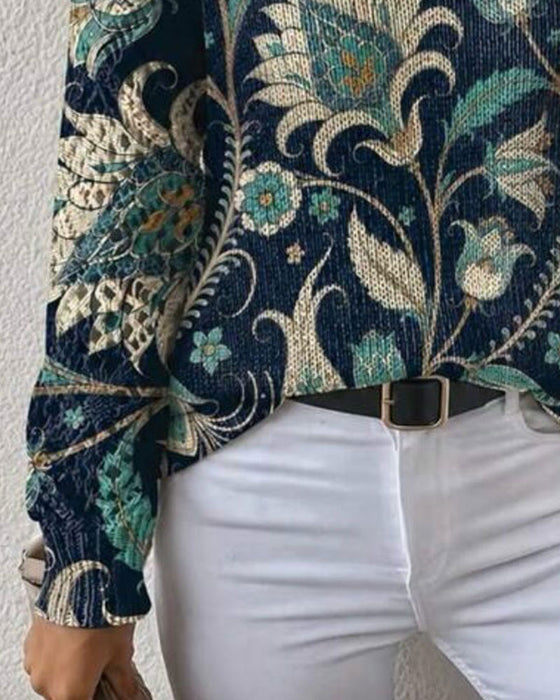 Pullover V-Hals Långärmad Blommig Tryck