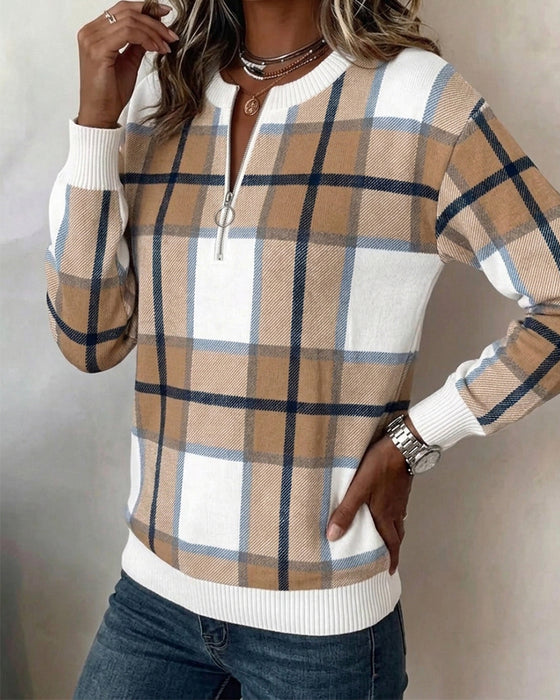 Sweatshirt Rutig Halvdragkedja Rund Halsning Pullover