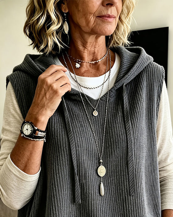 Linne Med Huva Räfflad Dragsko Pullover