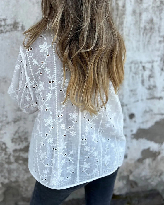 Blouse Floral Hål-Utskuren Långärmad