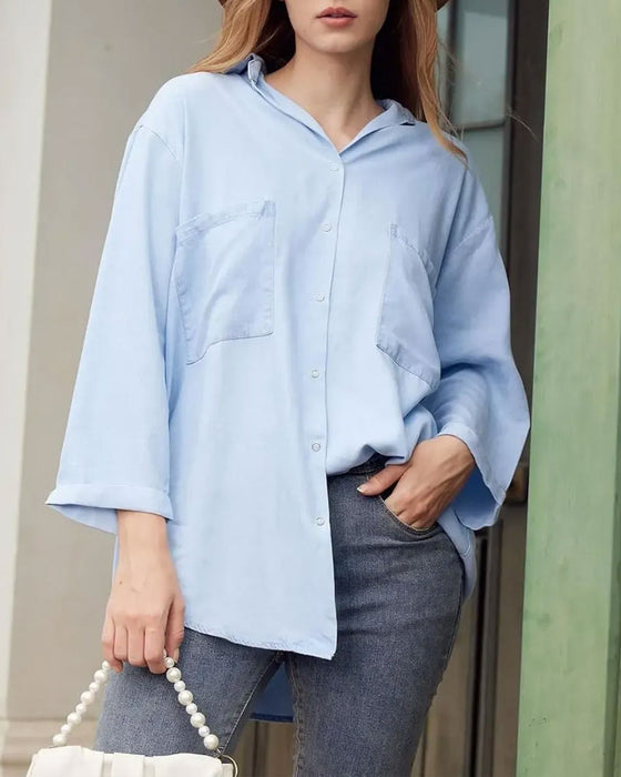 Skjorta Krage Ficka Knappned Denim