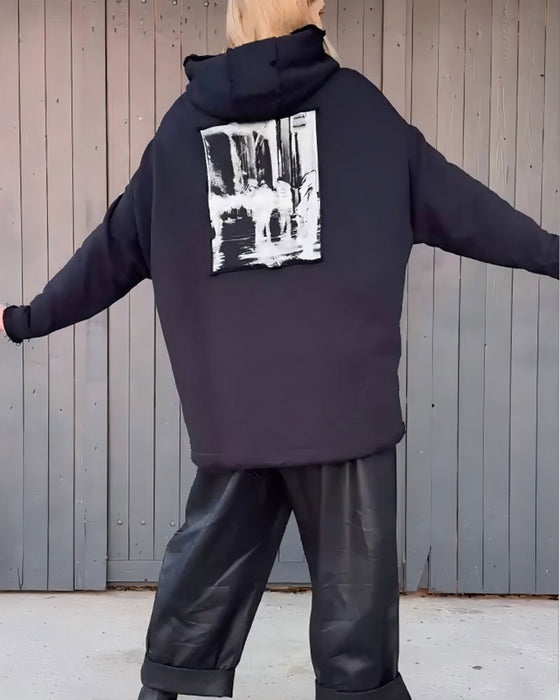 Hoodie Bokstav Tryck Lös Lång Ärm Pullover