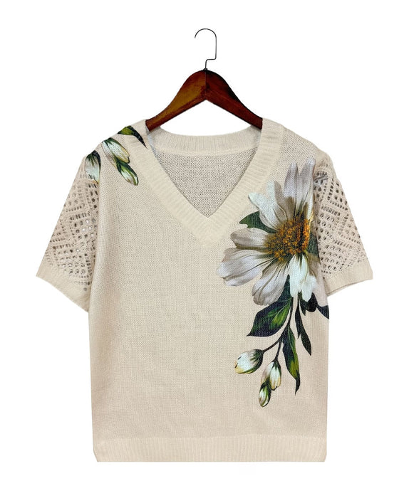 Pullover V-Ringning Stickad Blommig