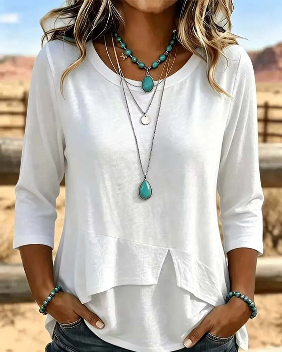 Topp Crew Hals Patchwork Asymmetrisk Fåll