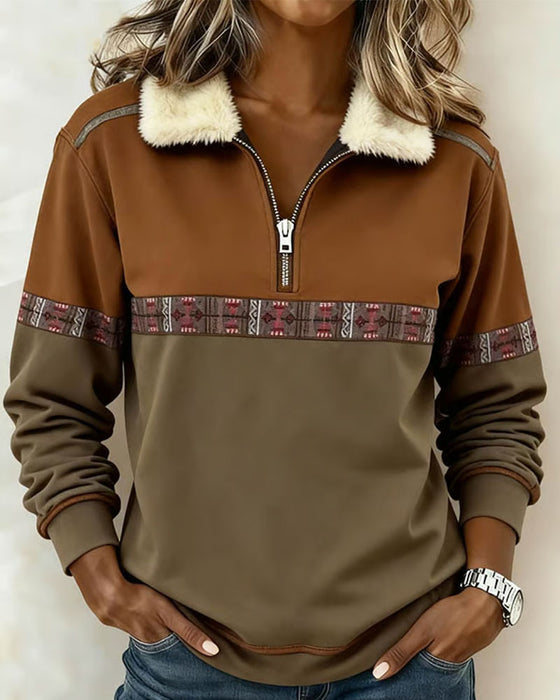 Sweatshirt Fleece Färgblock Halv Dragkedja