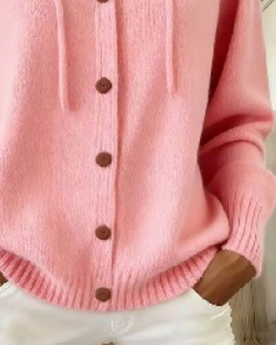 Cardigan Enfärgad Huva Knapprad