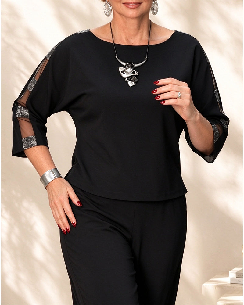 Blus Rund Hals Sheer Trekvart Ärm
