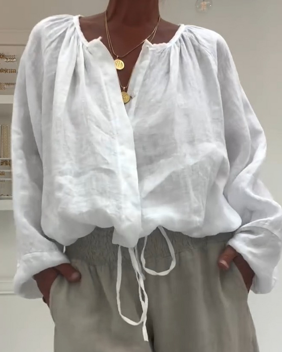Blus 100 % Bomull Långärmad Rynkad Knut