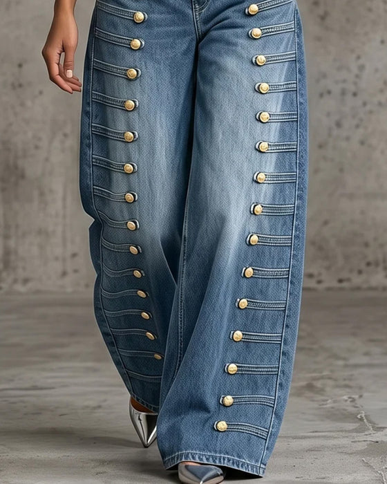 Byxor Knapp Ficka Bredbent Denim Lång