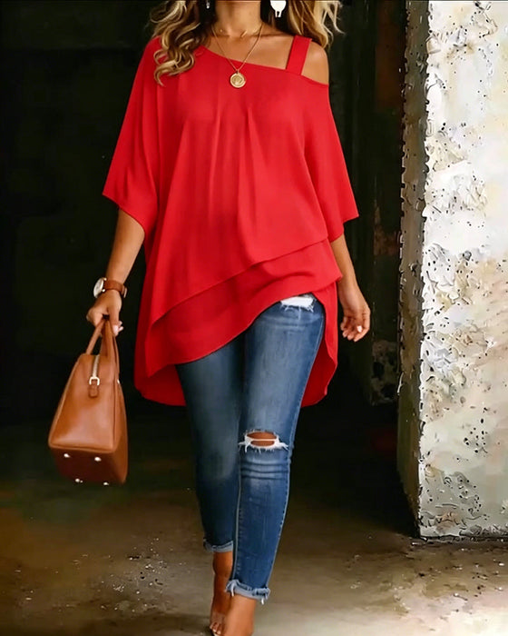 Blus Asymmetrisk Cold Shoulder Enfärgad Avslappnad