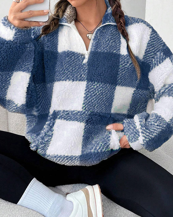 Sweatshirt Halv-Zip Ståkrage Rutmönster