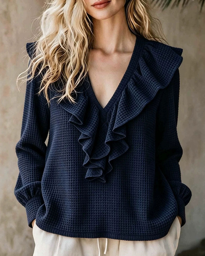 Blus Våffelstickad V-Hals Ruffle