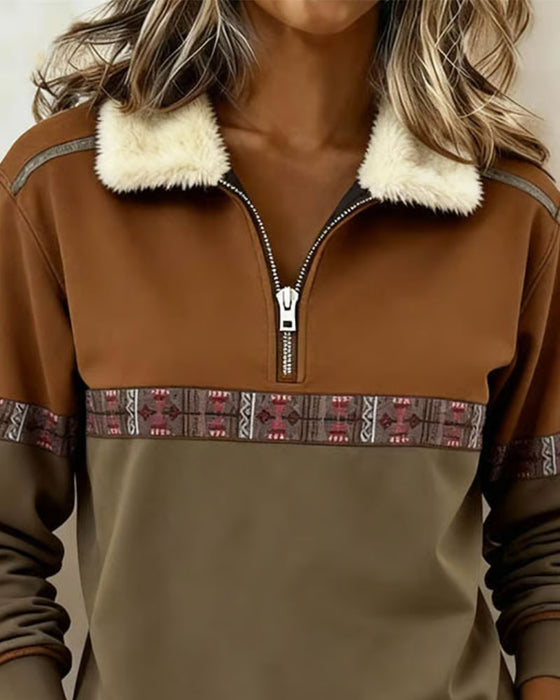 Sweatshirt Fleece Färgblock Halv Dragkedja