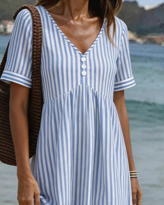 Klänning Vertikal Rand Babydoll V Hals A Linje