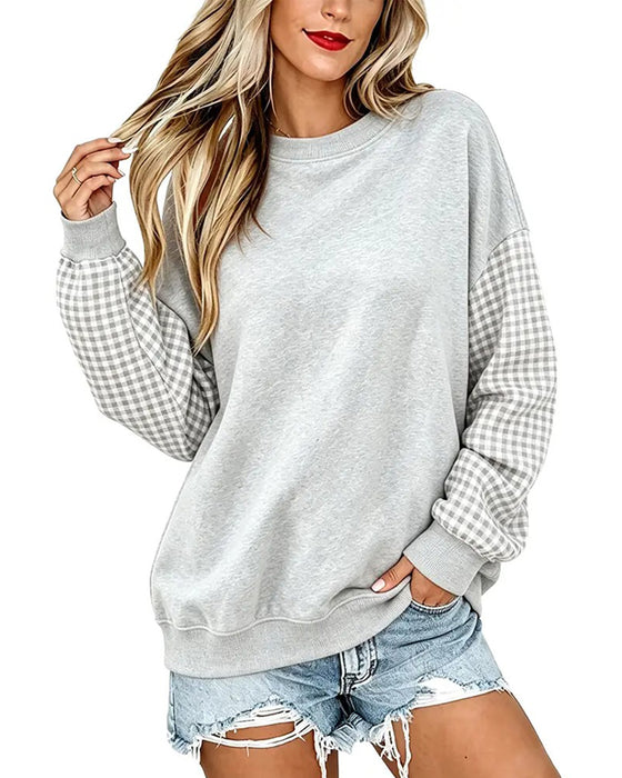 Sweatshirt Rundhalsad Rutig Lapptäcke Enfärgad