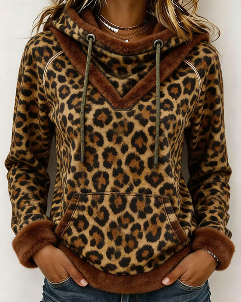Sweatshirt Leopard Tryck Med Huva Dragsko