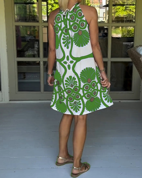 Halterringad klänning med vintagetryck