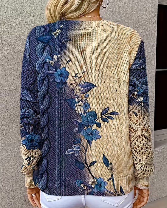 Pullover Gradient Färgblock Blommig V-Hals Urholkning