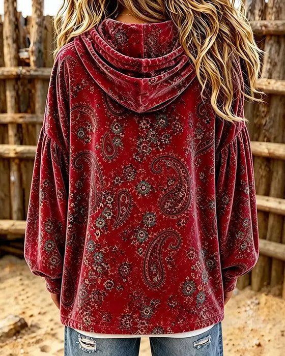 Hoodie Paisley Tryck Sammet