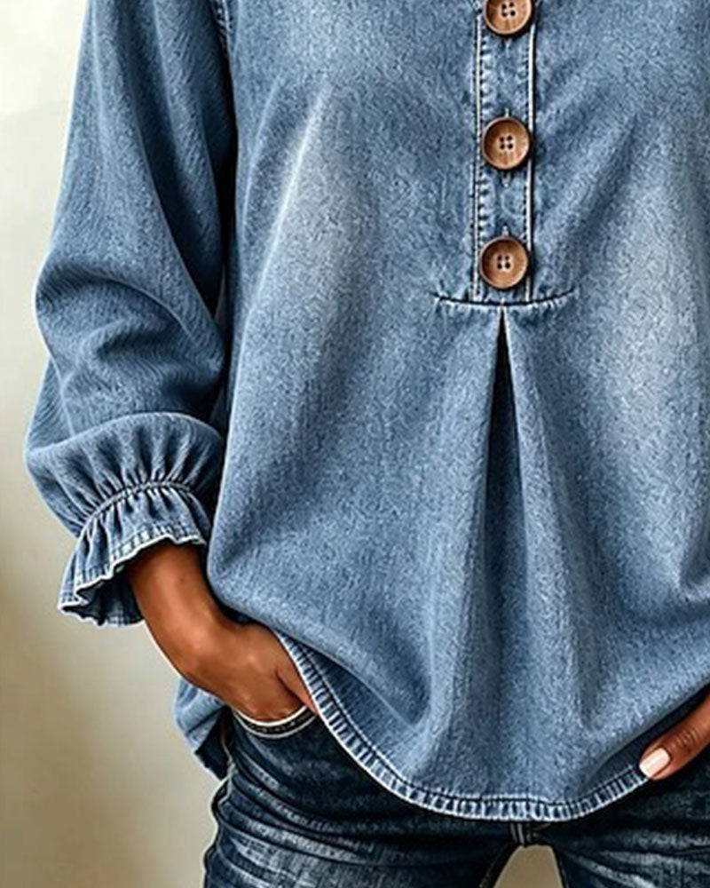 Topp Denim V-Hals Knapp Ryschärm