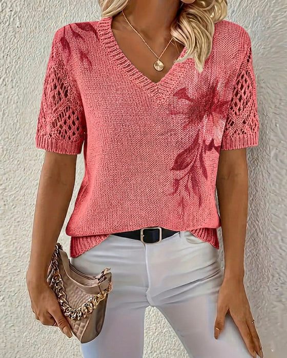 Pullover V-Ringning Stickad Blommig