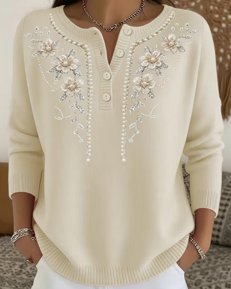 Sweatshirt Rund Halsringning Knäppning Blommig Långärmad