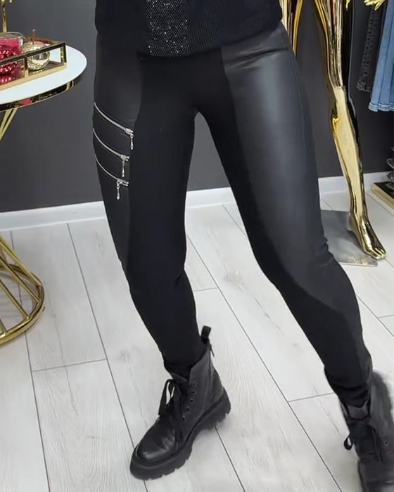 Leggings PU Lapptäcke Dragkedja Utsmyckad