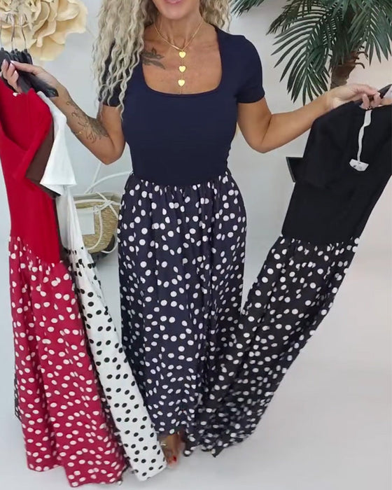 Klädning Fyrkantig Hals Polka Dot Patchwork