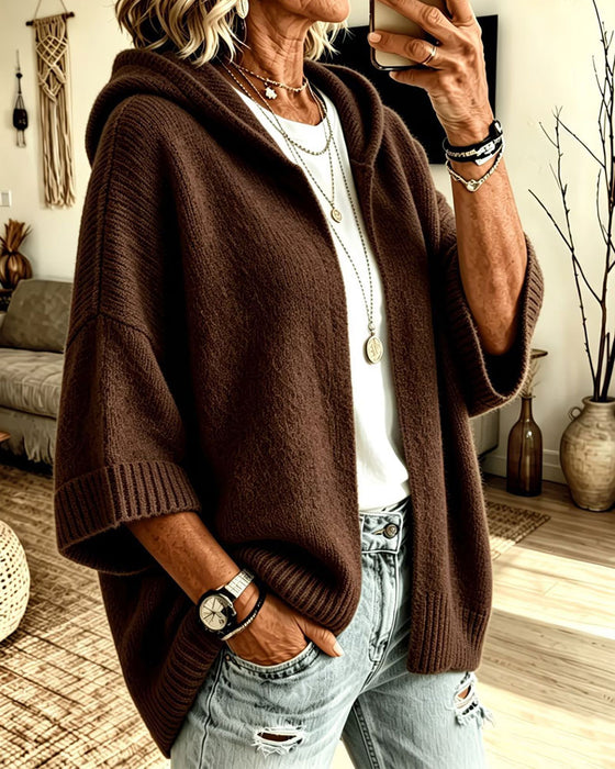 Cardigan 3/4 Ärm Huva Casual