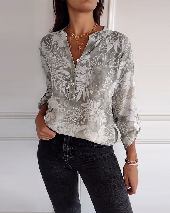 Patchwork topp med paljetter med bladtryck