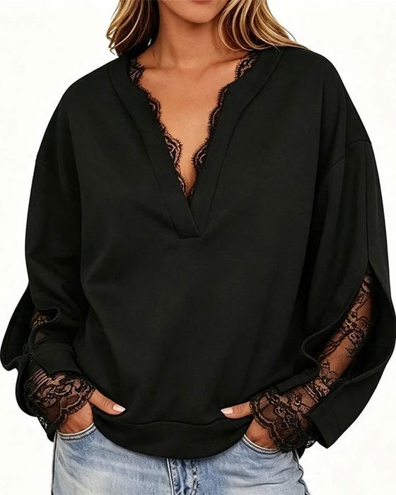 Sweatshirt V-Hals Slits Spets Patchwork