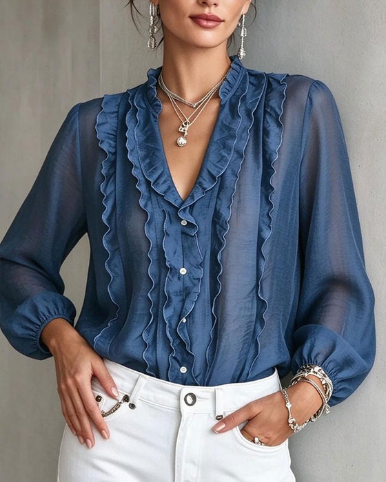Blus V-Hals Knapp Ruffle
