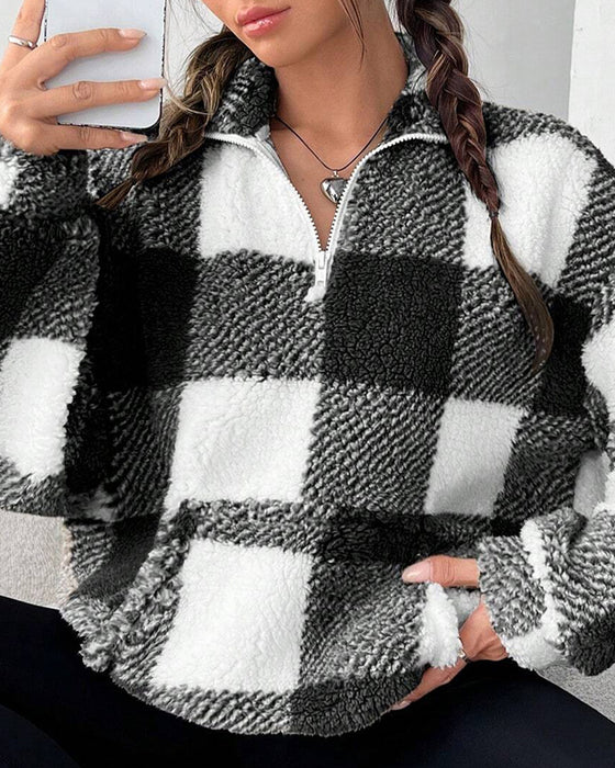 Sweatshirt Halv-Zip Ståkrage Rutmönster