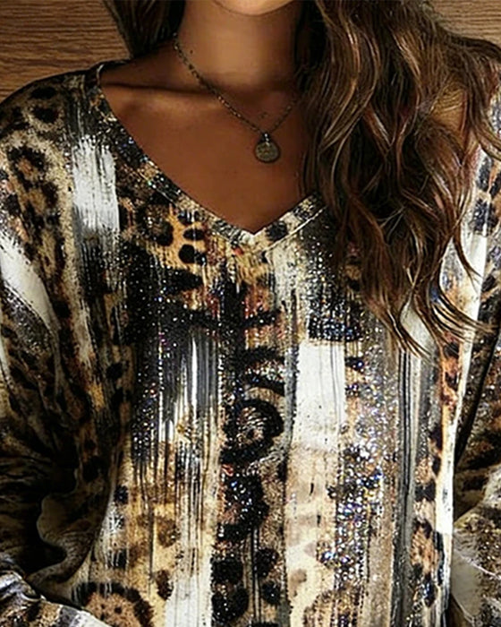 T-Shirt V-Hals Leopard Tryck Gradient Lång Ärm