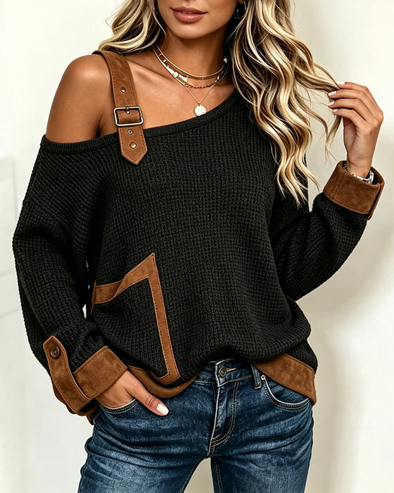 Blus Axelbar Asymmetrisk Hals Spliced