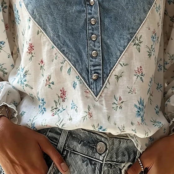 Blus V-Hals Blommönster Puffärm Denim Panel