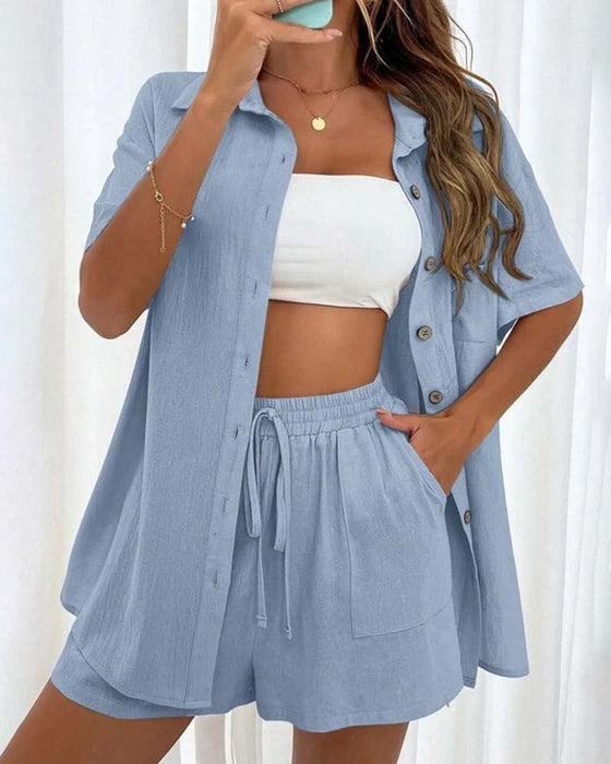 Casual skjorta och shorts set med enfärgad