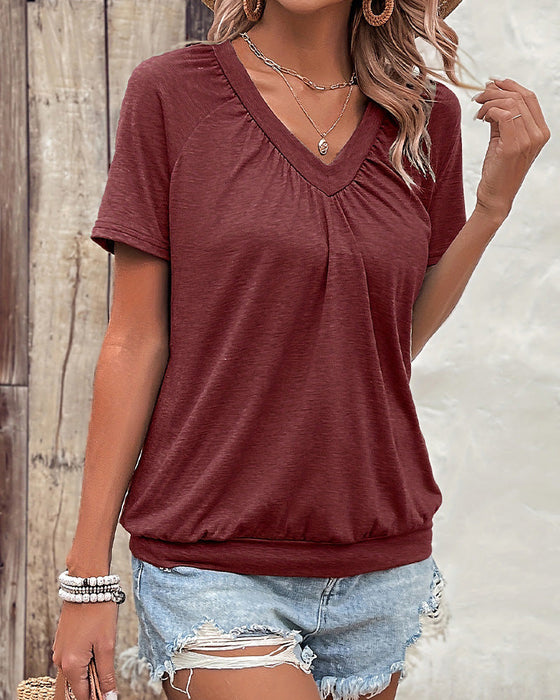 T-Shirt Casual Plisserad V-Hals