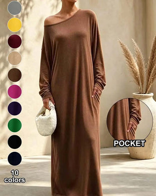 Klänning Asymmetrisk Off-Shoulder Lång Ärm Ficka Maxi