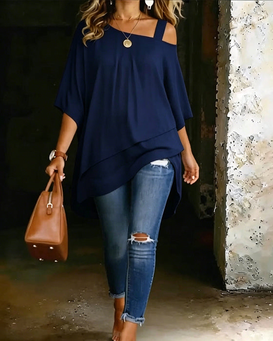 Blus Asymmetrisk Cold Shoulder Enfärgad Avslappnad
