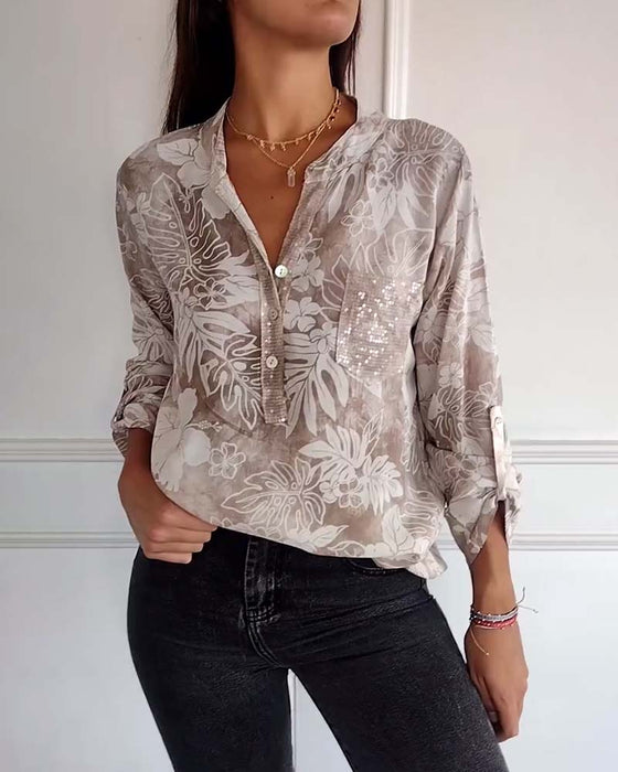 Patchwork topp med paljetter med bladtryck