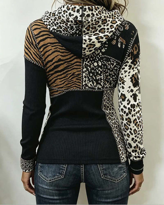 Topp Leopard Patchwork Halv Dragkedja Huvförsedd