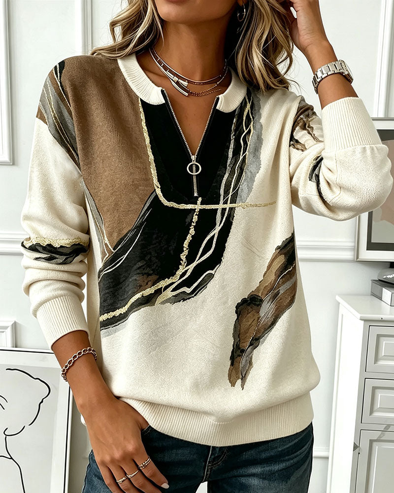 Sweatshirt Rund Hals Tryckt Halv-Zip