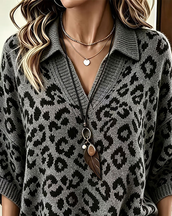 Pullover Kragad V-Hals Leopardmönster Halvärm Tröja
